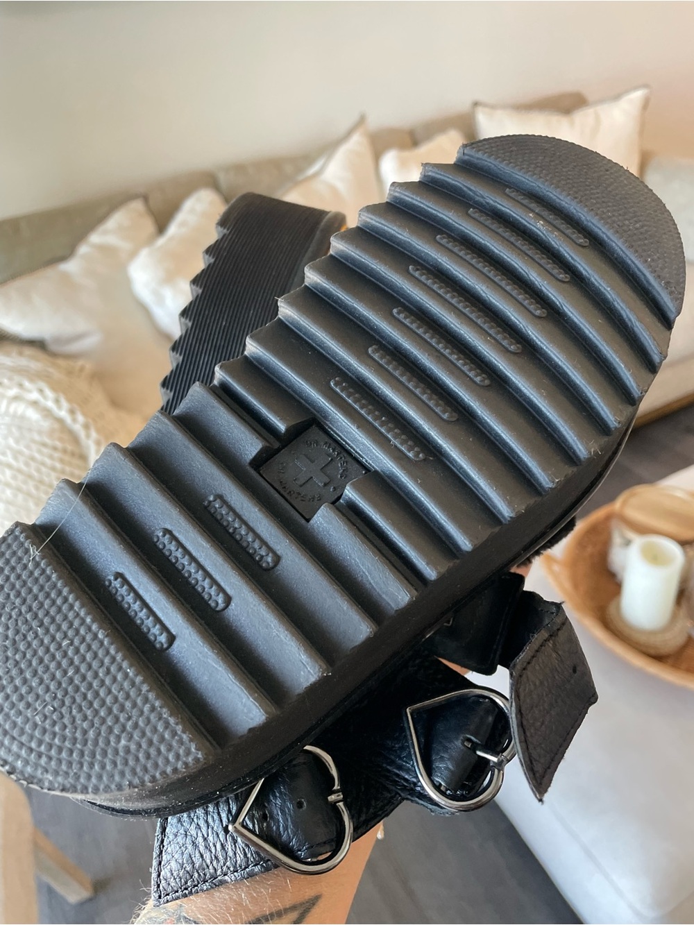 Dr. Martens Black Furry Platform Sandals with Yellow Stitching - Picture 3 of 10